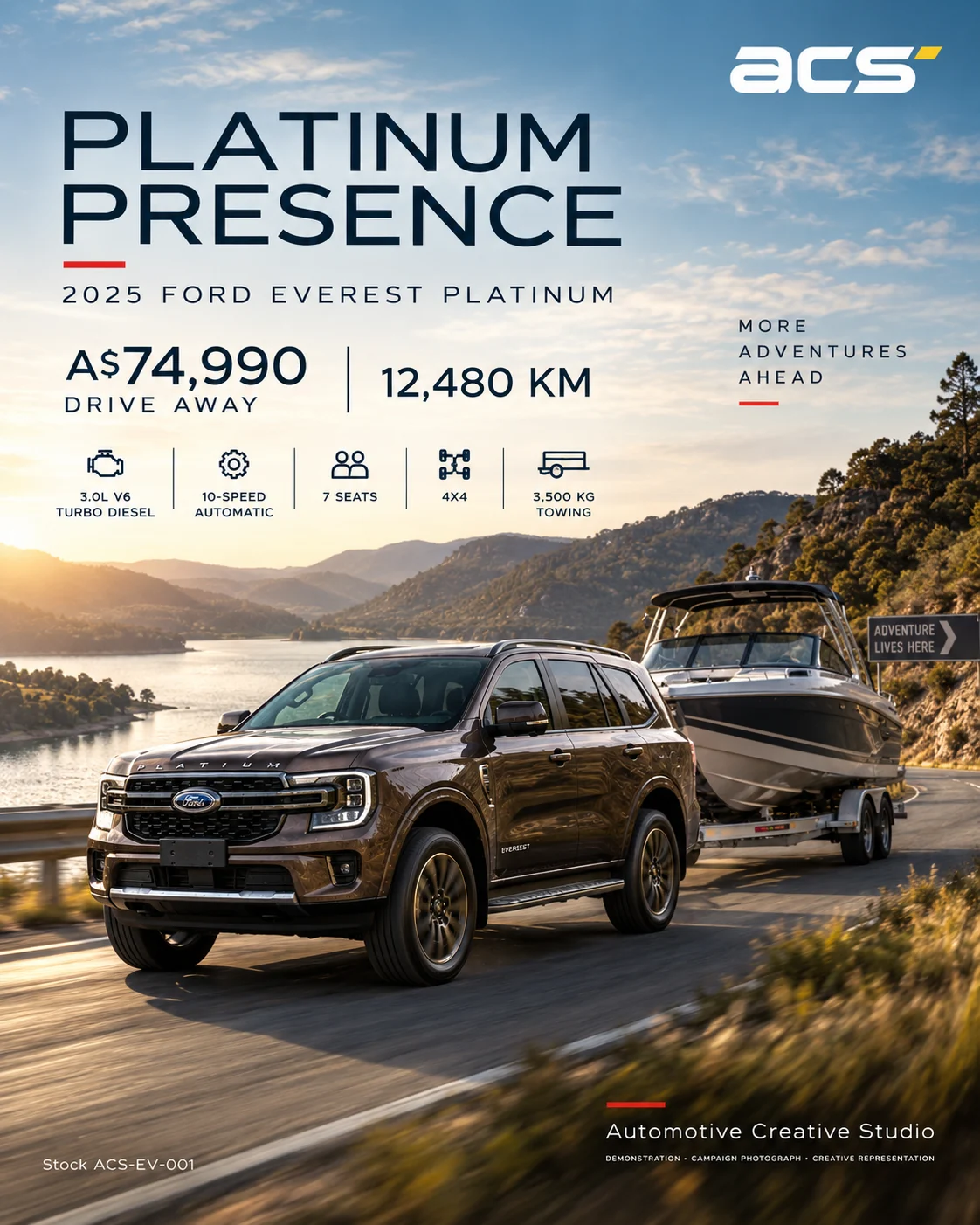 Portrait poster: the Everest Platinum towing a boat past a lake, A$74,990 drive away